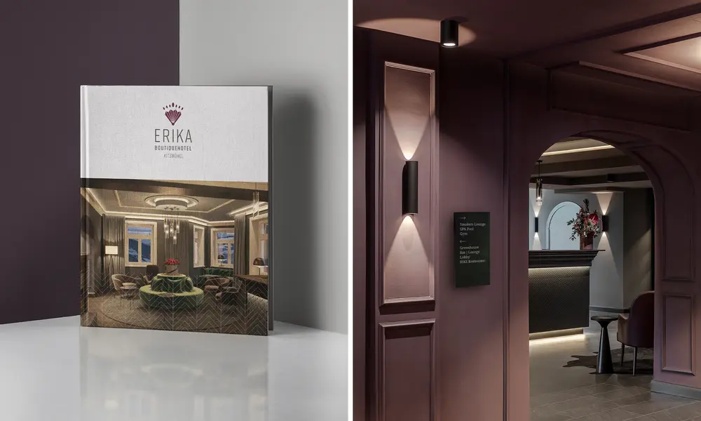 Edles Boutiquehotel "ERIKA": links eine stilvolle Hotelbroschüre mit elegantem Coverdesign, rechts ein luxuriös gestalteter Eingangsbereich mit warm beleuchteten Wandelementen und Blick zur Rezeption.