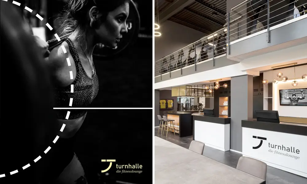 Zweiteiliges Bild eines Fitnessstudios: links eine schwarz-weiße Nahaufnahme einer trainierenden Frau mit "turnhalle die fitnesslounge"-Logo, rechts ein moderner Empfangs- und Lounge-Bereich mit stilvollem Interieur.