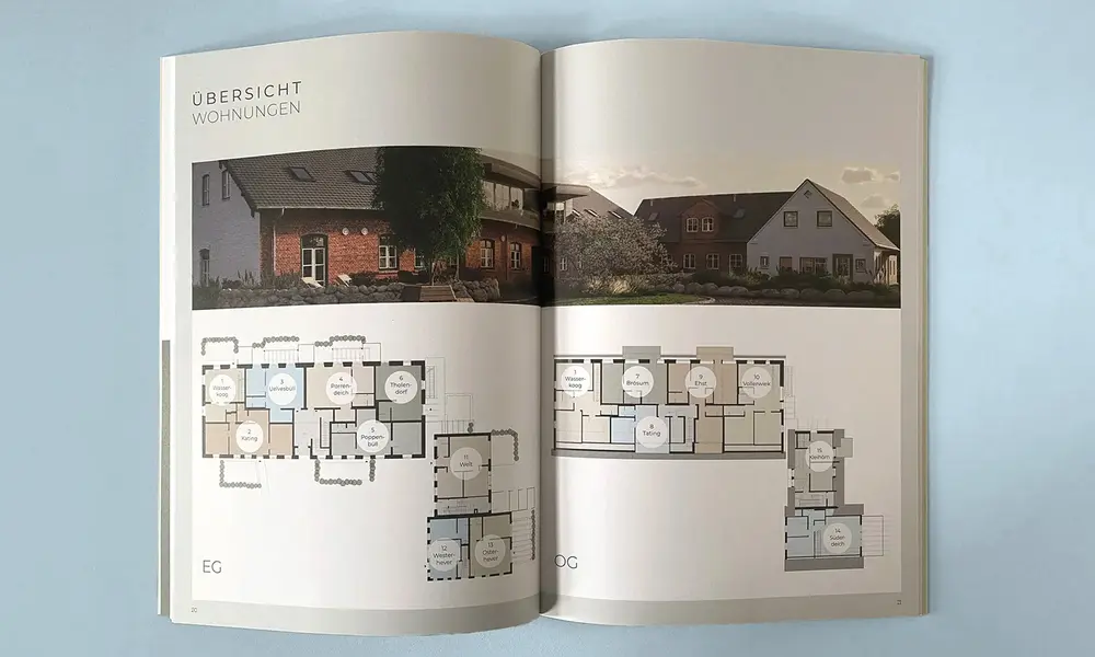 Doppelseite einer Broschüre mit Grundrissen der Wohnungen und Fotos eines Backsteingebäudes und eines modernen Hauses, Überschrift 'Übersicht Wohnungen'.
