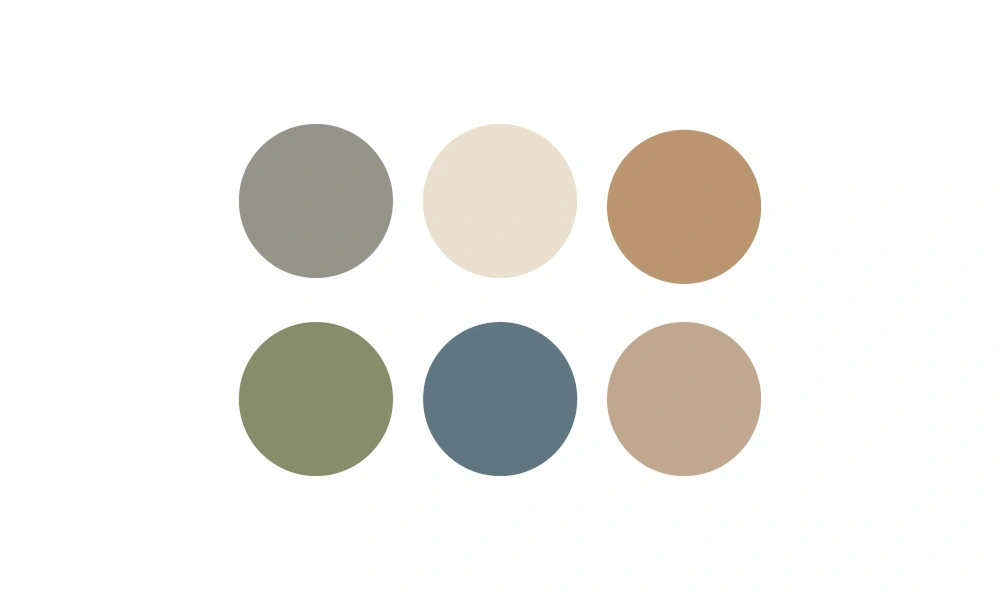 Farbkonzept des Projektes als Farbkreise Grau, Creme, Braun, Grün, Blau und Beige.