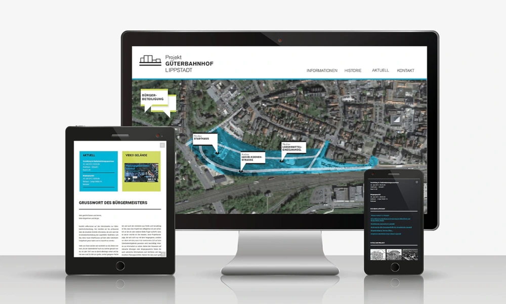 Darstellung einer responsiven Website für das „Projekt Güterbahnhof Lippstadt“ auf einem Desktop-Computer, Tablet und Smartphone, mit interaktiver Karte und Informationsbereichen.