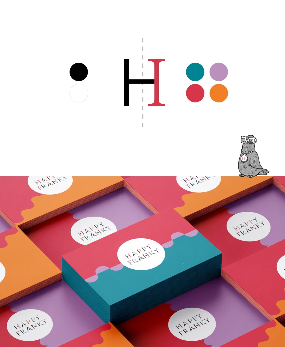 Markenelemente von 'Happy Franky', darunter Farbpalette, stilisiertes 'H' und Verpackungsdesign in bunten Farben mit Logo.