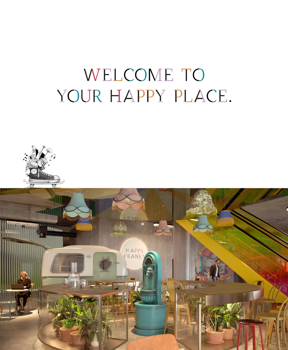Interieur von 'Happy Franky' mit kreativem Design, bunten Lampen, Retro-Elementen und dem Slogan 'Welcome to your Happy Place' darüber.