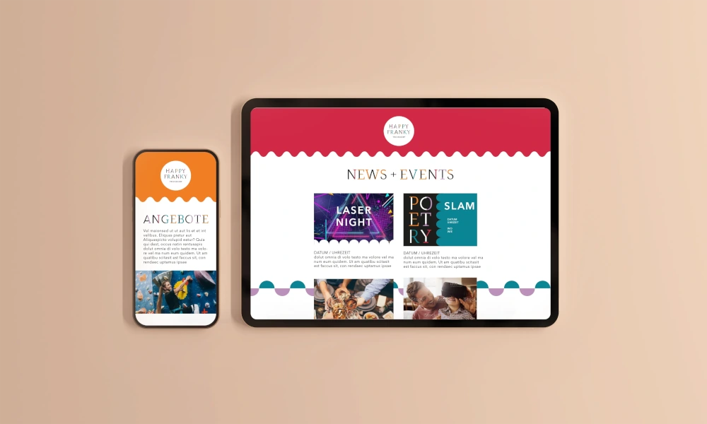 Digitales Design von 'Happy Franky' auf Tablet und Smartphone, mit Bereichen für News, Events und Angebote, dargestellt auf beigem Hintergrund.