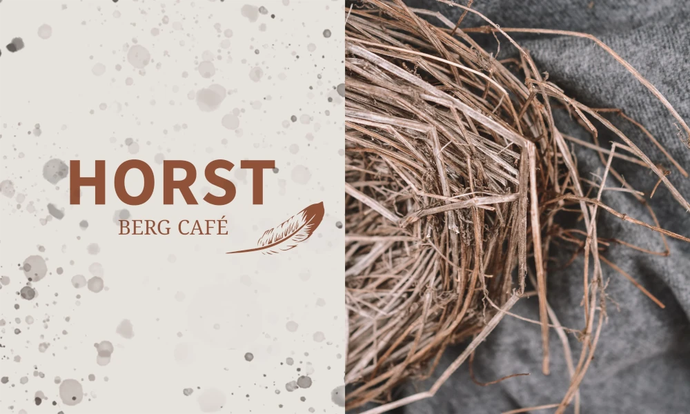 Werbebild für das HORST Berg Café mit modernem Logo, Federgrafik und einem natürlichen Vogelnest – Kombination aus Naturdesign und gemütlicher Markenästhetik.