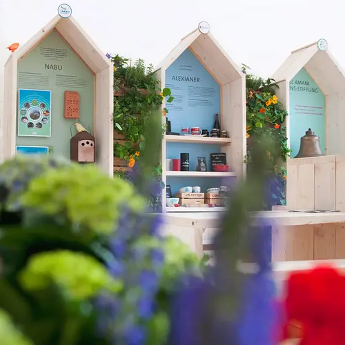 Nachhaltige Ausstellung mit holzgerahmten Info-Ständen zu "NABU", "ALEXIANER" und der "ALAMANNIS-STIFTUNG", dekoriert mit Pflanzen und verschiedenen Produkten, im Vordergrund bunte Blumen.