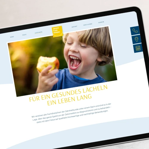 Tablet-Bildschirm mit einer Zahnarzt-Website, die ein lachendes Kind beim Essen eines Apfels zeigt, begleitet von dem Slogan "FÜR EIN GESUNDES LÄCHELN EIN LEBEN LANG".