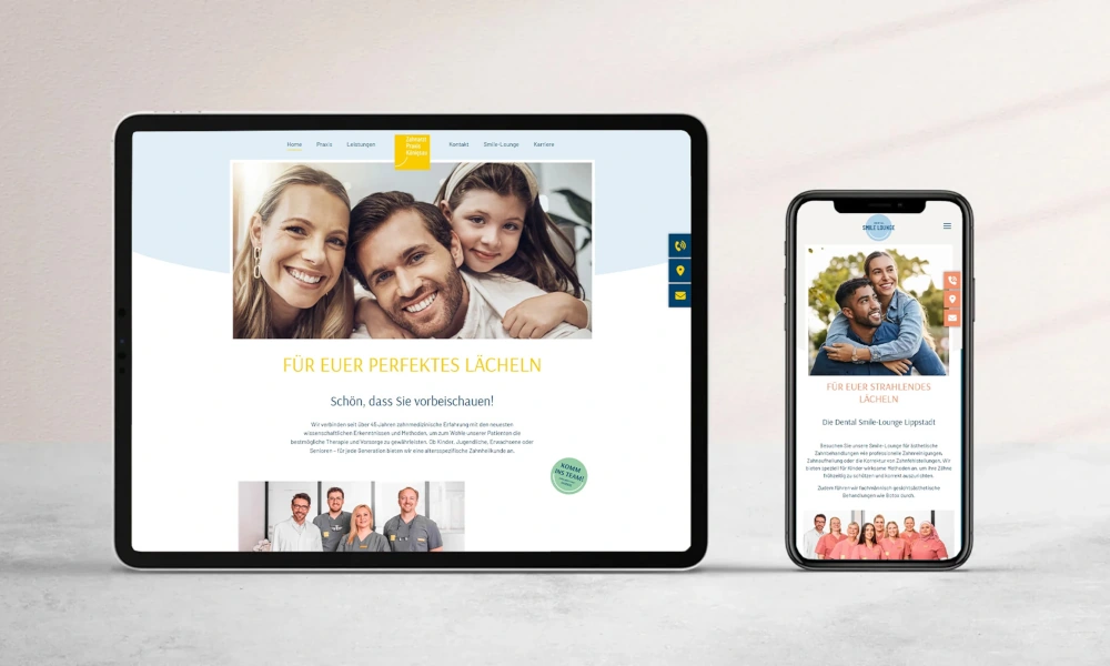 Website der Zahnarztpraxis auf Tablet und Smartphone, mit Familienfoto, Slogan 'Für euer perfektes Lächeln' und moderner Gestaltung.