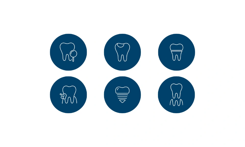 Sechs blaue Kreise mit weißen Zahn-Icons, die verschiedene Aspekte der Zahnmedizin darstellen, wie Kontrolle, Implantate und Zahnpflege.