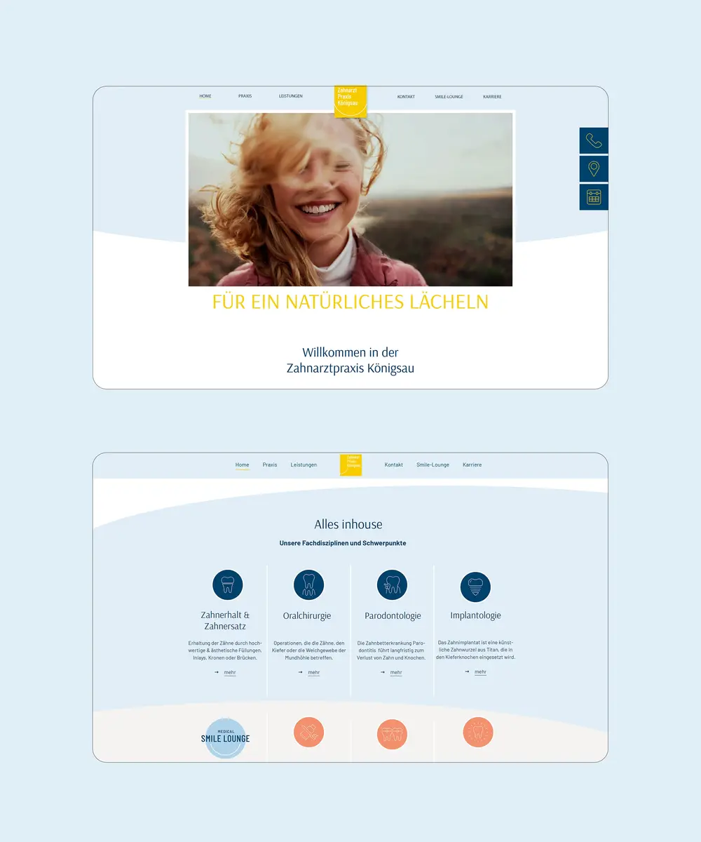 Website-Design der Zahnarztpraxis Königsaus mit lächelnder Frau, Slogan 'Für ein natürliches Lächeln' und Informationen zu zahnmedizinischen Leistungen.
