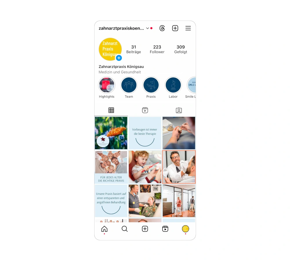 Instagram-Profil der Zahnarztpraxis Königsaus mit gelbem Logo, Highlights zu Team und Praxis sowie Beiträgen zu Zahnmedizin und Patientenvorsorge.