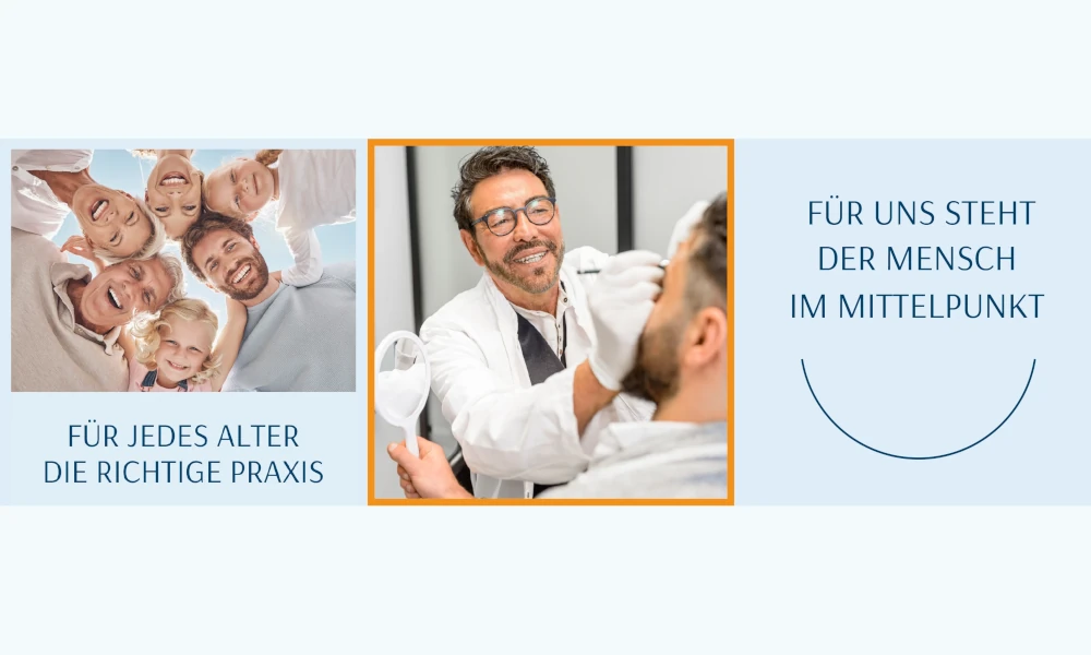 Banner mit dem Text 'Für uns steht der Mensch im Mittelpunkt' und 'Für jedes Alter die richtige Praxis', dazu ein Zahnarzt bei der Behandlung und eine fröhliche Familie.