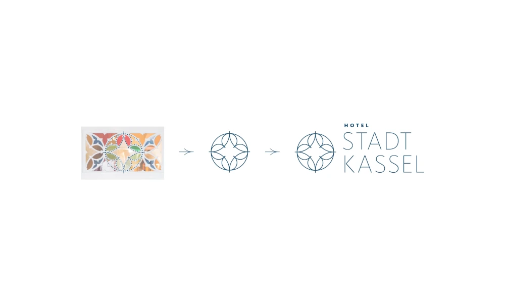 Designprozess des Logos für „Hotel Stadt Kassel“, inspiriert von einem historischen Hotelfenster und stilisiert in einem modernen Emblem.