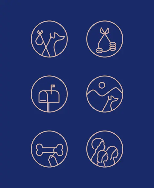 Sechs minimalistische Icons in heller Linienführung auf dunkelblauem Hintergrund, darunter Symbole für Hunde, Geld, Briefkasten, Landschaft, Hundeknochen und Menschen.