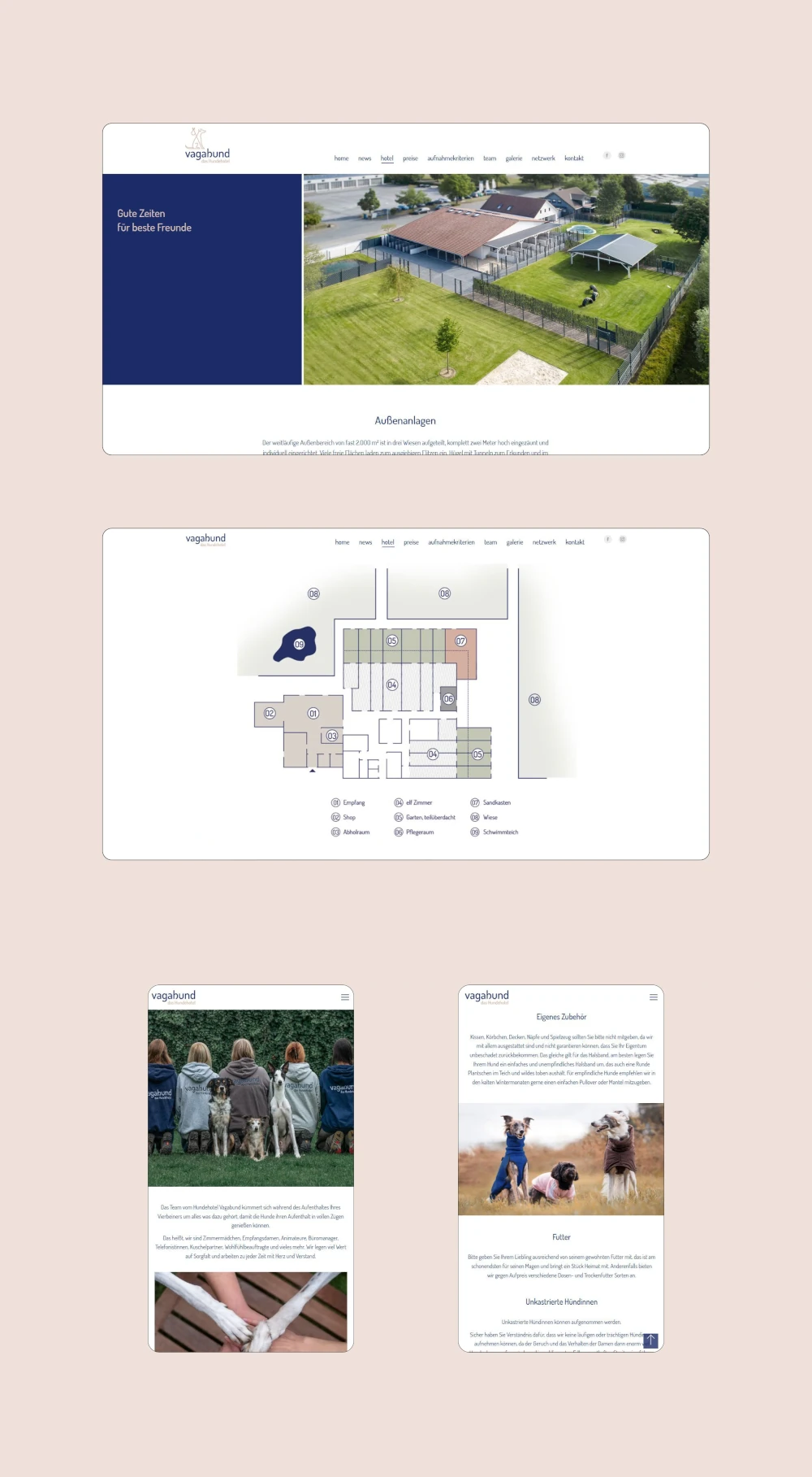 Mehrere Ansichten der Website des Hundehotels „Vagabund“, darunter eine Luftaufnahme der Anlage, ein Gebäudegrundriss und mobile Ansichten mit Bildern von Hunden und Menschen.
