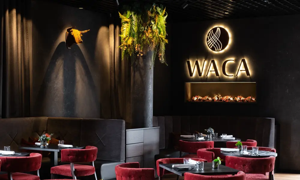 Eleganter Innenraum des Restaurants 'WACA' mit roten Samtstühlen, dunklen Wänden und beleuchtetem Logo an der Wand.