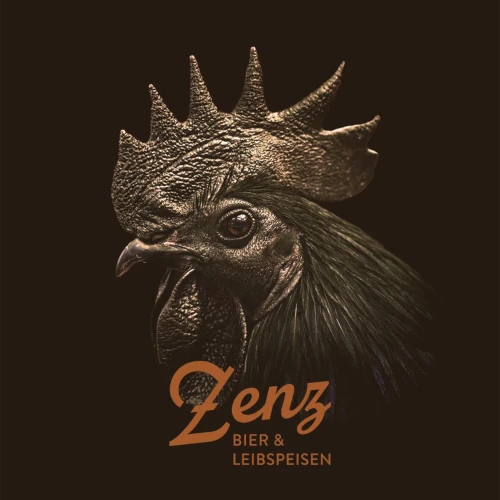Logo von Zenz – Bier & Leibspeisen mit detailreicher Hahnillustration auf dunklem Hintergrund und Schriftzug in warmem Orange.